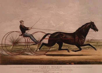 Der berühmte Trabhengst George Wilkes, wie er in seinem großen Wagenrennen gegen Lady Thorne am 14. Juni 1866 erschien